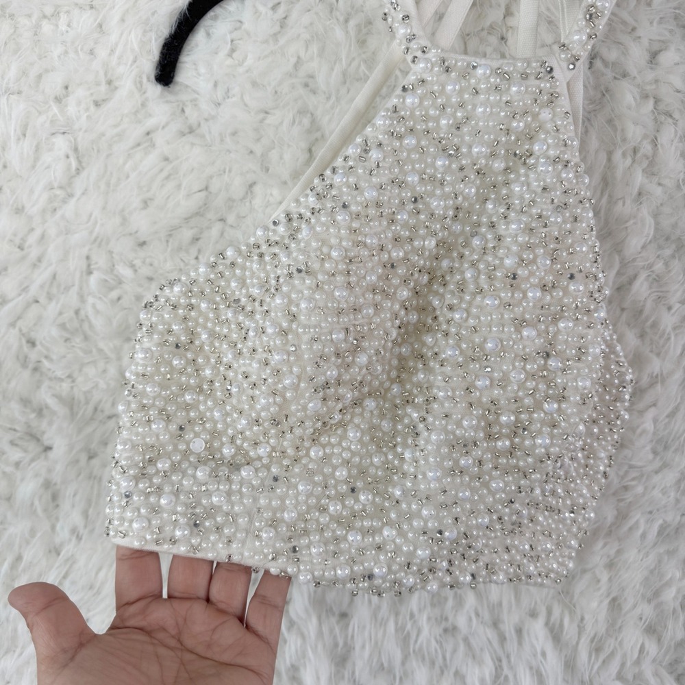 Shail K Ivory Pearl Beaded Halter Crop Top Size 2 Formal Pearlcore Glam Prom‎ - Picture 8 of 9